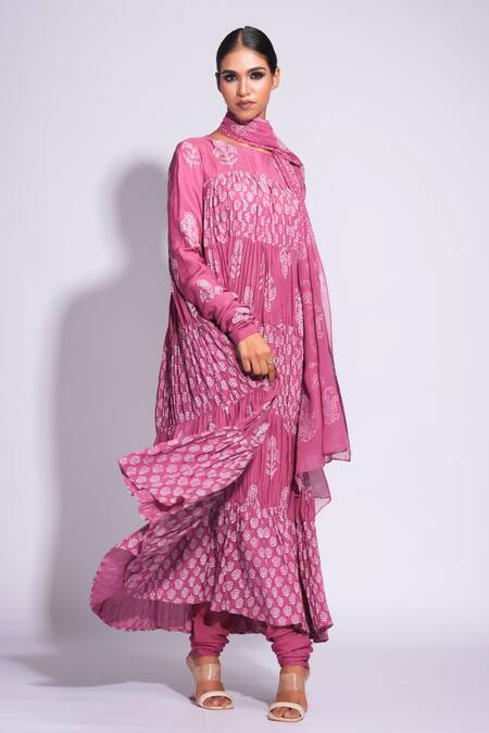 Shruti S Purple Muslin, Taffeta, Georgette Embroidery Hand Block Printed Anarkali Set Online at Aza Fashions Shruti S_Purple Muslin, Taffeta, Georgette Embroidery Hand Block Printed Anarkali Set_Online_at_Aza_Fashions