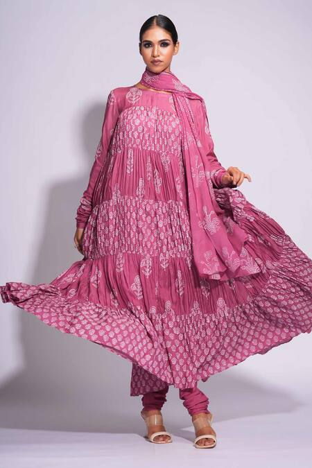 Buy Shruti S Purple Muslin, Taffeta, Georgette Embroidery Hand Block Printed Anarkali Set Online at Aza Fashions Buy_Shruti S_Purple Muslin, Taffeta, Georgette Embroidery Hand Block Printed Anarkali Set_Online_at_Aza_Fashions