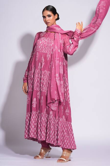 Shruti S Purple Muslin, Taffeta, Georgette Embroidery Hand Block Printed Anarkali Set at Aza Fashions Shruti S_Purple Muslin, Taffeta, Georgette Embroidery Hand Block Printed Anarkali Set_at_Aza_Fashions