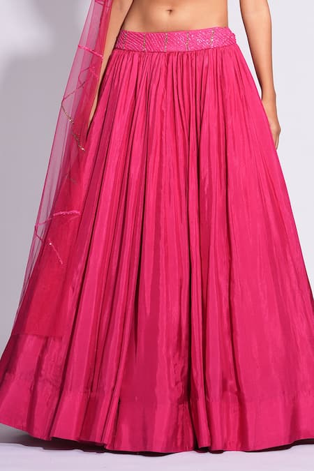 Shruti S_Pink Silk, Net Sequins Round Neck Upcycled Embroidered Lehenga Set _Online_at_Aza_Fashions