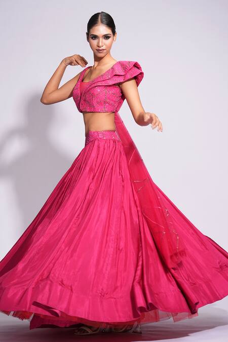 Buy_Shruti S_Pink Silk, Net Sequins Round Neck Upcycled Embroidered Lehenga Set _Online_at_Aza_Fashions