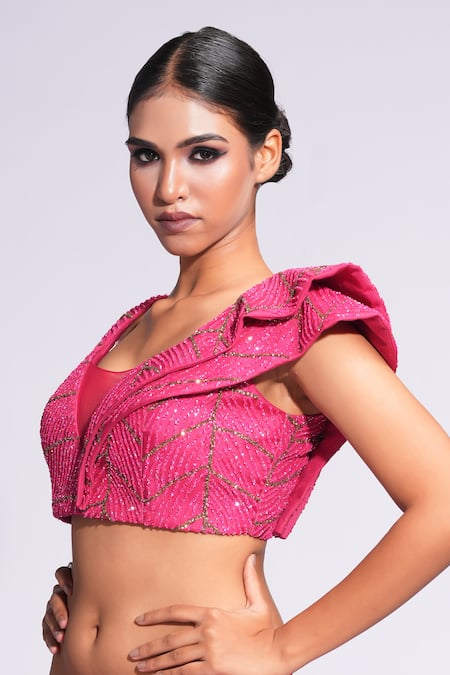 Shop_Shruti S_Pink Silk, Net Sequins Round Neck Upcycled Embroidered Lehenga Set _Online_at_Aza_Fashions