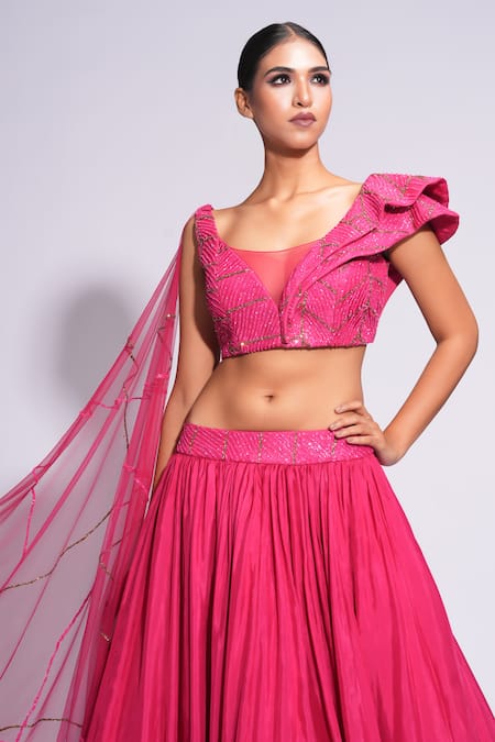 Shruti S_Pink Silk, Net Sequins Round Neck Upcycled Embroidered Lehenga Set _at_Aza_Fashions