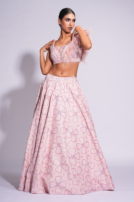 Shruti S Pink Silk, Net Sequins, Embroidery Round Neck On Lehenga Set at Aza Fashions Shruti S_Pink Silk, Net Sequins, Embroidery Round Neck On Lehenga Set _at_Aza_Fashions
