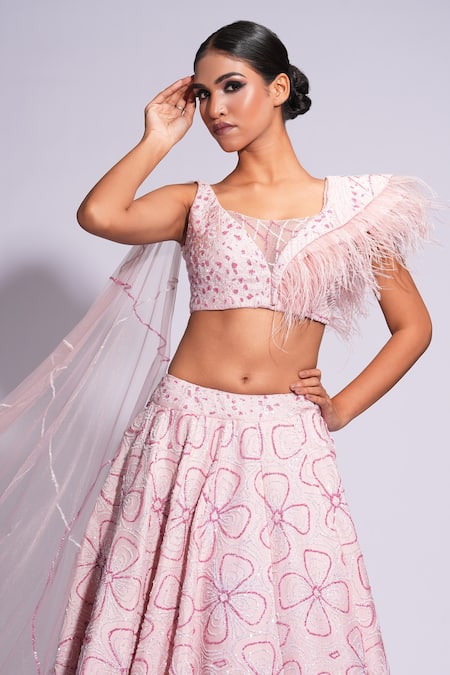 Buy Shruti S Pink Silk, Net Sequins, Embroidery Round Neck On Lehenga Set Buy_Shruti S_Pink Silk, Net Sequins, Embroidery Round Neck On Lehenga Set