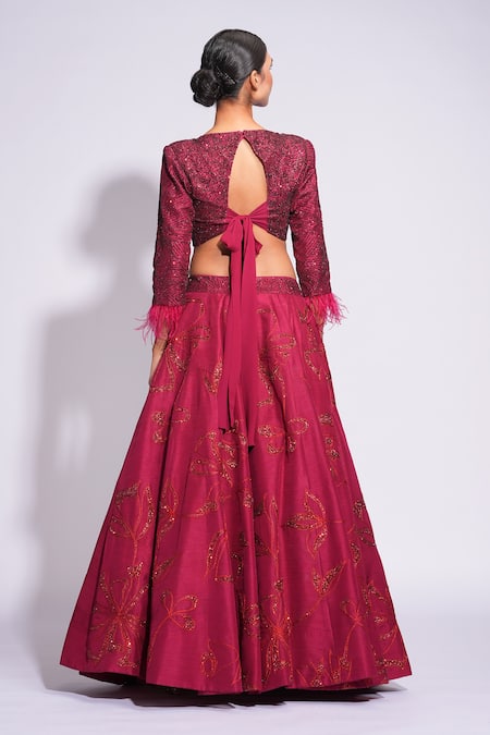 Shop Shruti S Red Silk Sequins, Feathers V-neck On Embroidered Lehenga Set at Aza Fashions Shop_Shruti S_Red Silk Sequins, Feathers V-neck On Embroidered Lehenga Set _at_Aza_Fashions