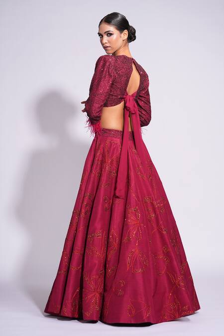 Shruti S Red Silk Sequins, Feathers V-neck On Embroidered Lehenga Set Online at Aza Fashions Shruti S_Red Silk Sequins, Feathers V-neck On Embroidered Lehenga Set _Online_at_Aza_Fashions
