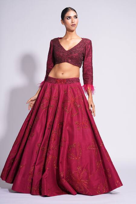 Buy Shruti S Red Silk Sequins, Feathers V-neck On Embroidered Lehenga Set Online at Aza Fashions Buy_Shruti S_Red Silk Sequins, Feathers V-neck On Embroidered Lehenga Set _Online_at_Aza_Fashions