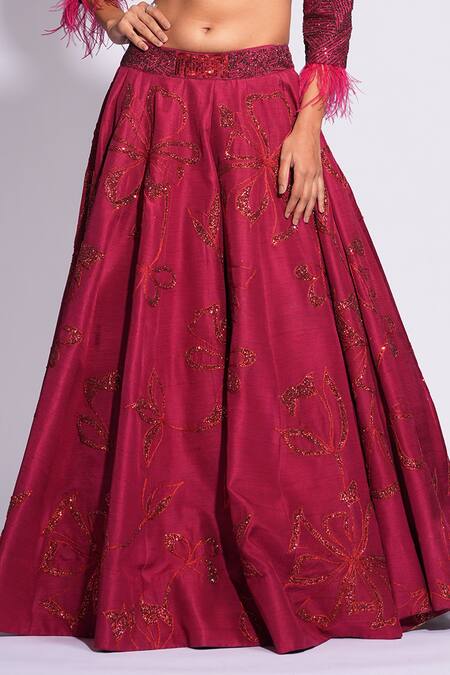 Shop Shruti S Red Silk Sequins, Feathers V-neck On Embroidered Lehenga Set Online at Aza Fashions Shop_Shruti S_Red Silk Sequins, Feathers V-neck On Embroidered Lehenga Set _Online_at_Aza_Fashions