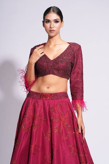 Shruti S Red Silk Sequins, Feathers V-neck On Embroidered Lehenga Set at Aza Fashions Shruti S_Red Silk Sequins, Feathers V-neck On Embroidered Lehenga Set _at_Aza_Fashions