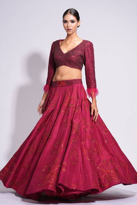 Buy Shruti S Red Silk Sequins, Feathers V-neck On Embroidered Lehenga Set Buy_Shruti S_Red Silk Sequins, Feathers V-neck On Embroidered Lehenga Set