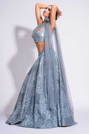 Buy_Shruti S_Grey Silk Sequins One Shoulder Upcycled Embroidered Lehenga Set _Online_at_Aza_Fashions