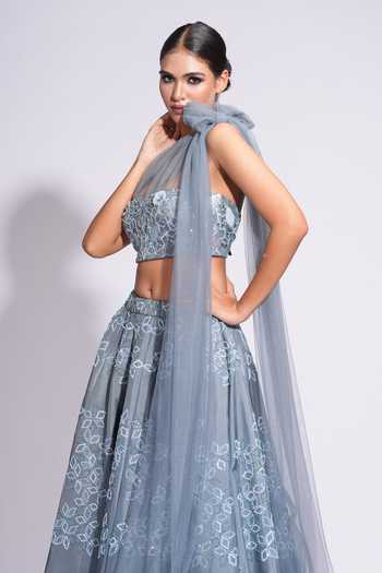 Shruti S_Grey Silk Sequins One Shoulder Upcycled Embroidered Lehenga Set _at_Aza_Fashions