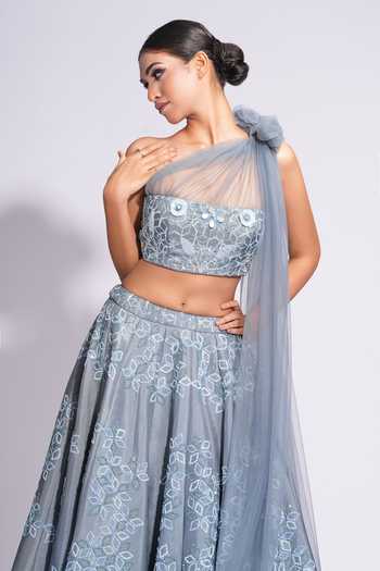 Buy_Shruti S_Grey Silk Sequins One Shoulder Upcycled Embroidered Lehenga Set 