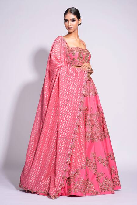 Shruti S_Pink Silk, Organza Zari, Sequins, Diamonds, Embroidery Floral Lehenga Set _Online_at_Aza_Fashions