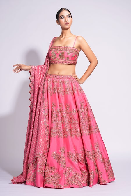 Buy_Shruti S_Pink Silk, Organza Zari, Sequins, Diamonds, Embroidery Floral Lehenga Set _Online_at_Aza_Fashions