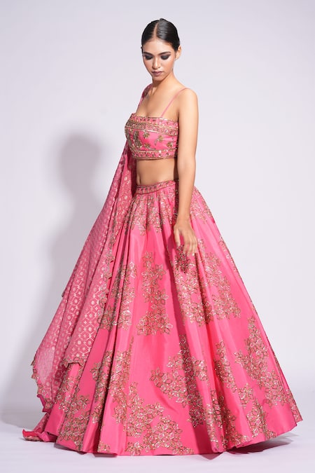 Shop_Shruti S_Pink Silk, Organza Zari, Sequins, Diamonds, Embroidery Floral Lehenga Set _Online_at_Aza_Fashions
