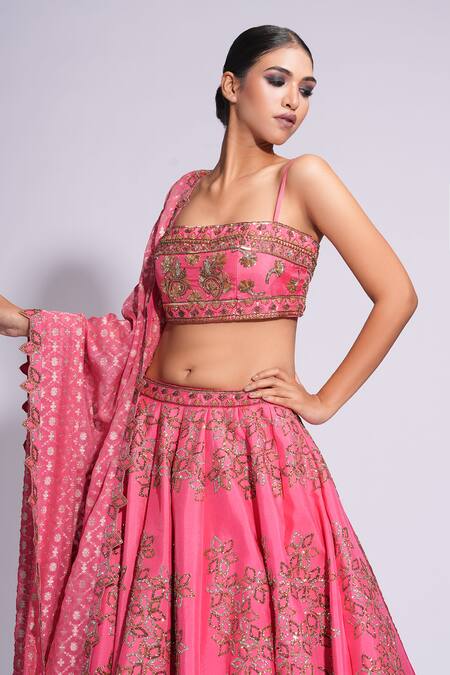 Buy_Shruti S_Pink Silk, Organza Zari, Sequins, Diamonds, Embroidery Floral Lehenga Set 
