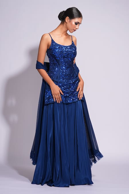 Buy Shruti S Blue Silk, Crepe, Organza Sequins Round Neck Floral Embroidered Kurta Set Online at Aza Fashions Buy_Shruti S_Blue Silk, Crepe, Organza Sequins Round Neck Floral Embroidered Kurta Set _Online_at_Aza_Fashions