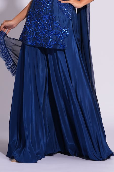 Shop Shruti S Blue Silk, Crepe, Organza Sequins Round Neck Floral Embroidered Kurta Set Online at Aza Fashions Shop_Shruti S_Blue Silk, Crepe, Organza Sequins Round Neck Floral Embroidered Kurta Set _Online_at_Aza_Fashions