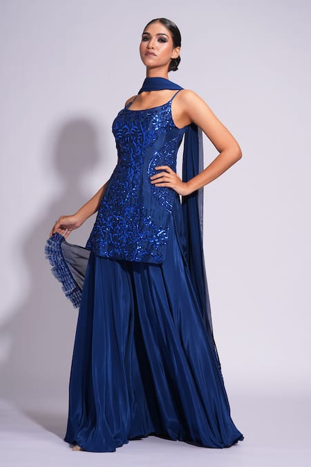 Shruti S Blue Silk, Crepe, Organza Sequins Round Neck Floral Embroidered Kurta Set at Aza Fashions Shruti S_Blue Silk, Crepe, Organza Sequins Round Neck Floral Embroidered Kurta Set _at_Aza_Fashions