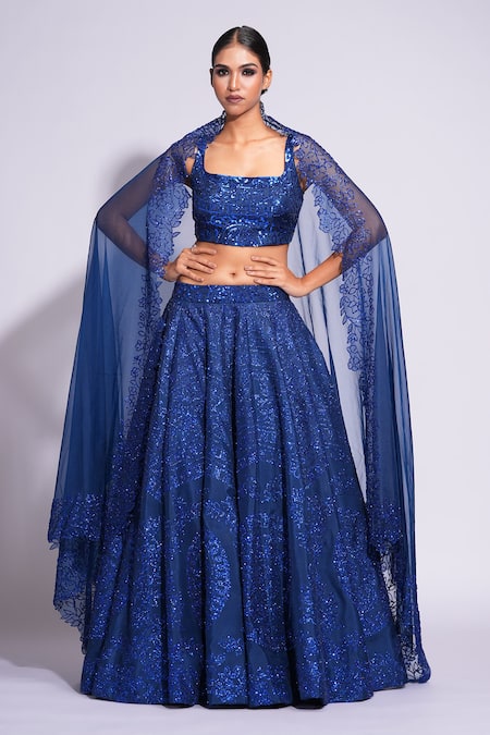 Shruti S Blue Lehenga And Blouse Silk Embroidered Sequin Square Upcycled Set 