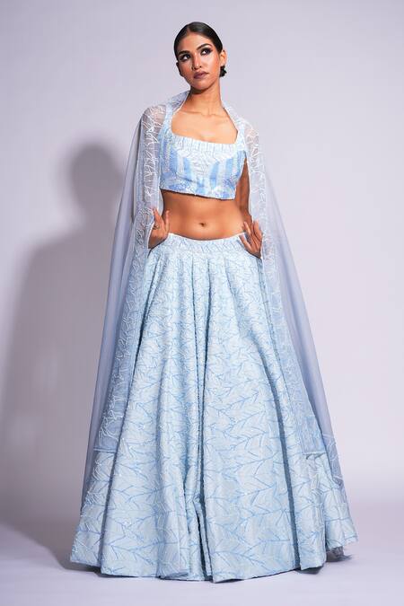Shruti S_Blue Silk, Organza Sequins Square Neck On Embroidered Lehenga Set _Online_at_Aza_Fashions
