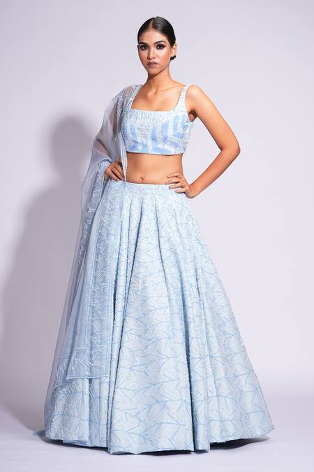 Shruti S_Blue Silk, Organza Sequins Square Neck On Embroidered Lehenga Set _at_Aza_Fashions