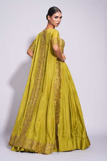 Buy_Shruti S_Green Silk Sequins, Embroidery Sweetheart Neck, Open Floral Jacket Lehenga Set _Online_at_Aza_Fashions