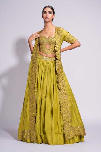 Shruti S_Green Silk Sequins, Embroidery Sweetheart Neck, Open Floral Jacket Lehenga Set _at_Aza_Fashions