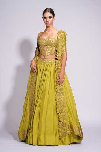 Buy_Shruti S_Green Silk Sequins, Embroidery Sweetheart Neck, Open Floral Jacket Lehenga Set 