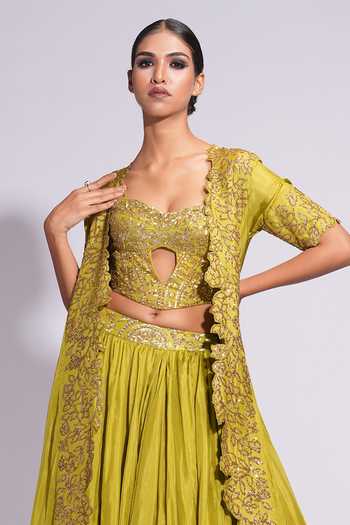 Shop_Shruti S_Green Silk Sequins, Embroidery Sweetheart Neck, Open Floral Jacket Lehenga Set 