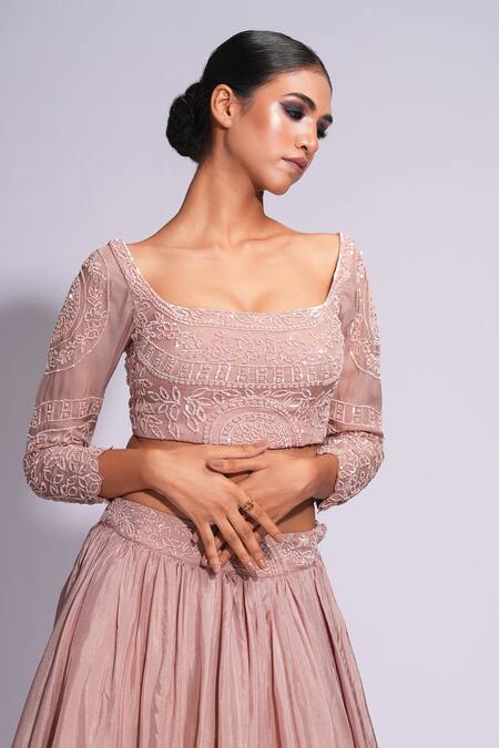 Shruti S Pink Silk Sequins, Embroidery Square Neck Lehenga Set Online at Aza Fashions Shruti S_Pink Silk Sequins, Embroidery Square Neck Lehenga Set _Online_at_Aza_Fashions
