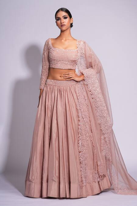 Shop Shruti S Pink Silk Sequins, Embroidery Square Neck Lehenga Set Online at Aza Fashions Shop_Shruti S_Pink Silk Sequins, Embroidery Square Neck Lehenga Set _Online_at_Aza_Fashions