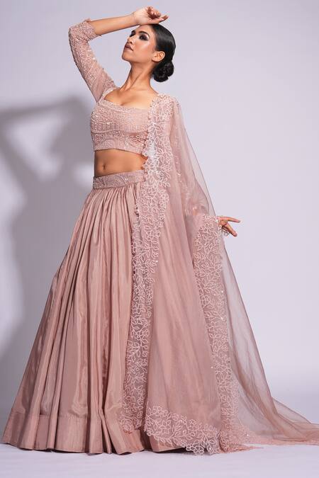 Shruti S Pink Silk Sequins, Embroidery Square Neck Lehenga Set at Aza Fashions Shruti S_Pink Silk Sequins, Embroidery Square Neck Lehenga Set _at_Aza_Fashions