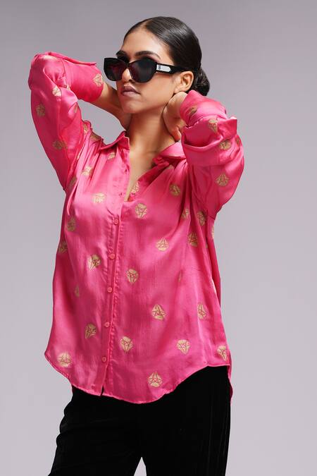 Shruti S Coral Modal, Satin Metallic Thread Collared Hand Block Print Shirt Online at Aza Fashions Shruti S_Coral Modal, Satin Metallic Thread Collared Hand Block Print Shirt _Online_at_Aza_Fashions