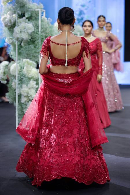 Shop_Awigna_Red Net, Silk Beads, Sequins V-neck Albania 3d Rafflesia Embroidered Lehenga Set _at_Aza_Fashions