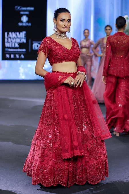 Shop Awigna Red Net, Silk Beads, Sequins V-neck Albania 3d Rafflesia Embroidered Lehenga Set Online at Aza Fashions Shop_Awigna_Red Net, Silk Beads, Sequins V-neck Albania 3d Rafflesia Embroidered Lehenga Set _Online_at_Aza_Fashions