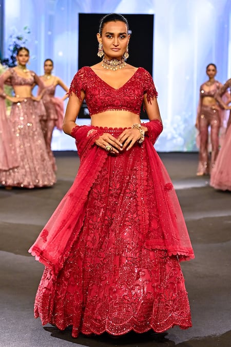 Awigna_Red Net, Silk Beads, Sequins V-neck Albania 3d Rafflesia Embroidered Lehenga Set _at_Aza_Fashions