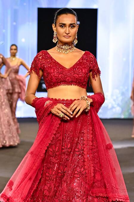 Buy Awigna Red Net, Silk Beads, Sequins V-neck Albania 3d Rafflesia Embroidered Lehenga Set Buy_Awigna_Red Net, Silk Beads, Sequins V-neck Albania 3d Rafflesia Embroidered Lehenga Set