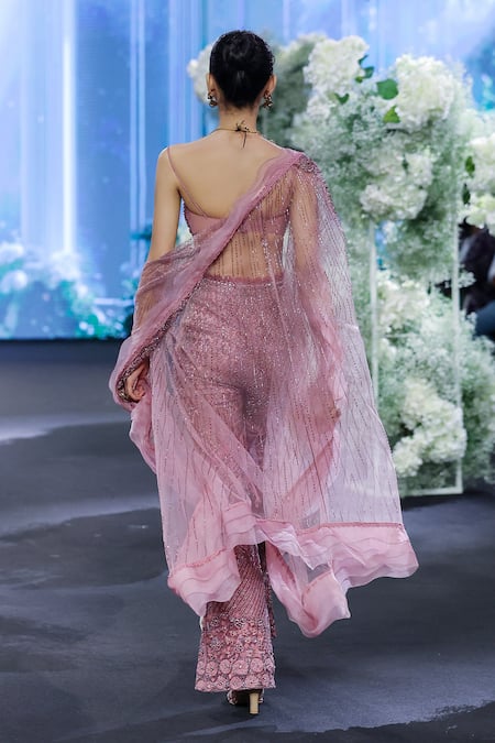 Shop_Awigna_Pink Organza, Net Cut Work, Sequins Austria Florin Embroidered Cape And Pant Set _at_Aza_Fashions