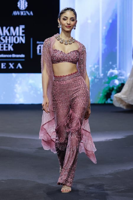 Awigna_Pink Organza, Net Cut Work, Sequins Austria Florin Embroidered Cape And Pant Set _Online_at_Aza_Fashions