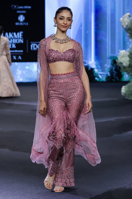 Buy_Awigna_Pink Organza, Net Cut Work, Sequins Austria Florin Embroidered Cape And Pant Set _Online_at_Aza_Fashions