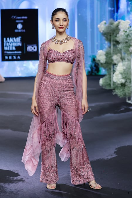 Awigna_Pink Organza, Net Cut Work, Sequins Austria Florin Embroidered Cape And Pant Set _at_Aza_Fashions