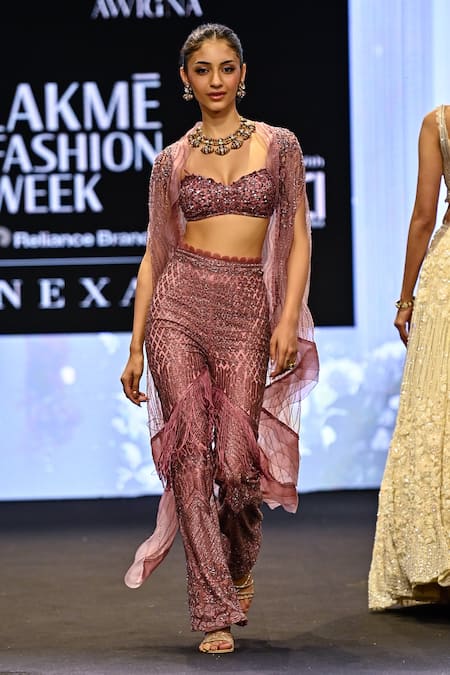 Buy_Awigna_Pink Organza, Net Cut Work, Sequins Austria Florin Embroidered Cape And Pant Set 
