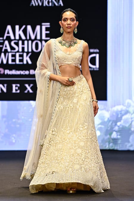 Awigna Ivory Net Embroidery Crystal Blunt V Neck Belgium Daisy Lehenga Set 