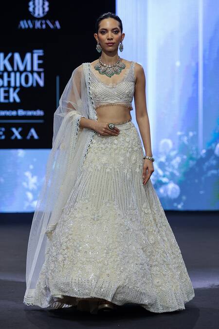Awigna_Ivory Net, Silk Beads, Sequins, Cut Work Belgium Daisy Embroidered Lehenga Set _Online_at_Aza_Fashions