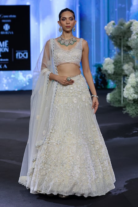 Buy_Awigna_Ivory Net, Silk Beads, Sequins, Cut Work Belgium Daisy Embroidered Lehenga Set _Online_at_Aza_Fashions