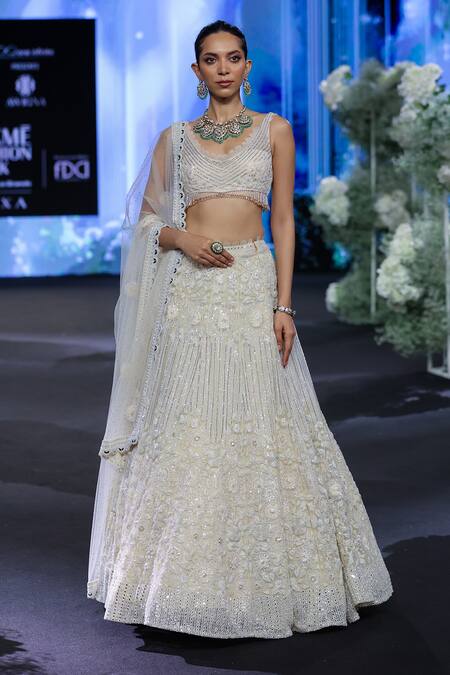 Shop_Awigna_Ivory Net, Silk Beads, Sequins, Cut Work Belgium Daisy Embroidered Lehenga Set _Online_at_Aza_Fashions