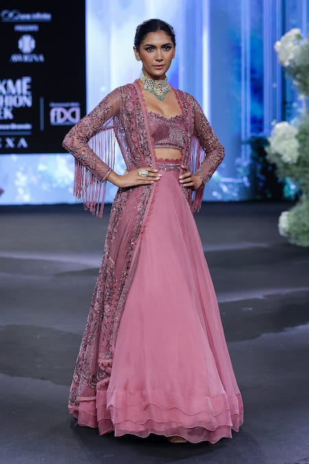Shop_Awigna_Pink Organza, Net, Silk Denmark 3d Fleur Embroidered Jacket And Lehenga Set _at_Aza_Fashions